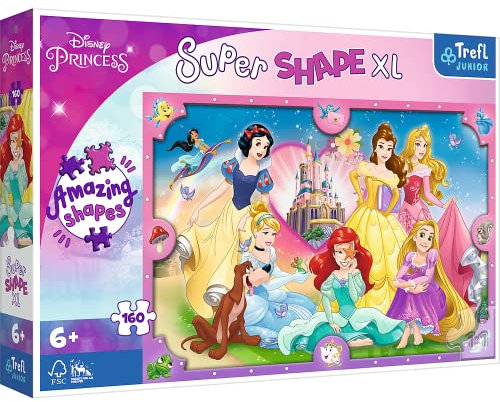 Trefl Junior - Disney Princess, Die Pinke Welt der Prinzessinnen - Puzzle 160 XL Super Shape - Verrückte Puzzleform, große Teile, Puzzles mit Märchenhelden