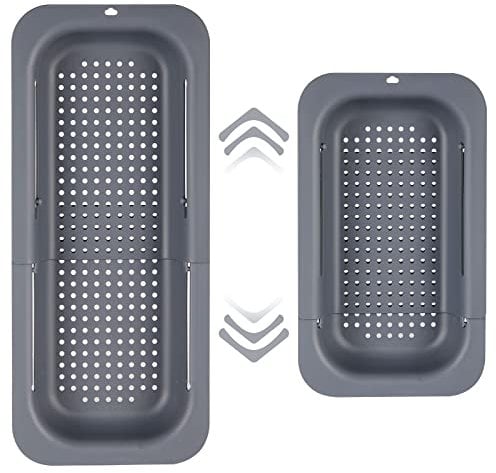 Sieb für Spülbecken, Ausziehbar Siebkorb über der Spüle, Abtropfsieb Waschbecken Seiher Ideal zum Gemüse und Obst waschen, Gekochte Nudeln und Trockengerichte Abtropfen Lassen, 34,5-48 x 6.5 x 20 cm