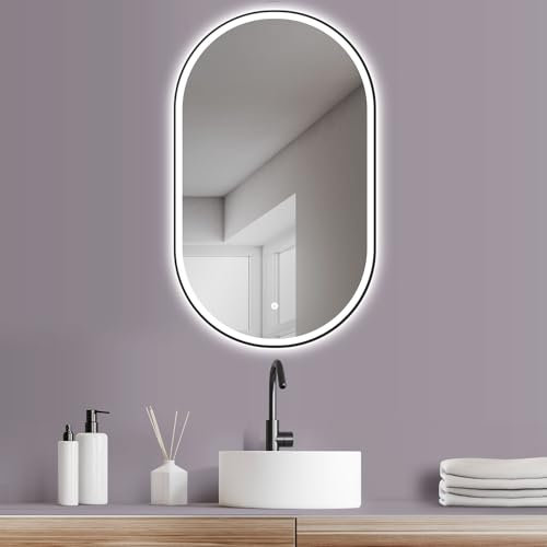 HOKO Design Bad Spiegel oval 50x90 cm / 90x50 cm Parma+ Metall Rahmen Schwarz. HOCH+QUER Montage. LED Badspiegel, Schminktisch Spiegel, Touch Schalter+Licht Wechsel-Warmweiß-Kaltweiß-Neutral