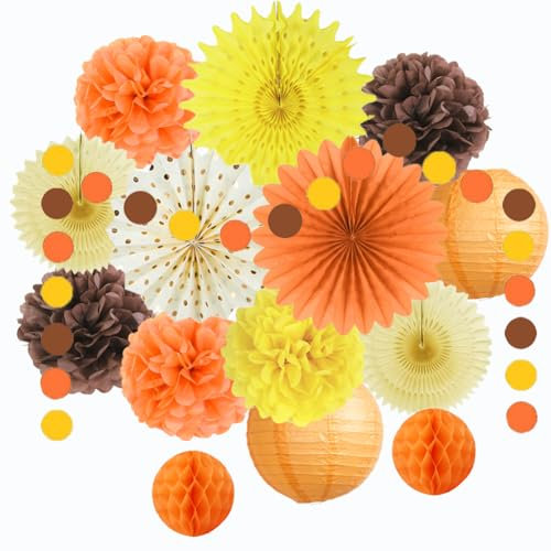Autumn Fall Party Decorations Orange Hanging Paper Fans Yellow Brown Paper Pom Poms Paper Lanterns Circle Dot Garland for Autumn Harvest Birthday Bridal Shower Baby Shower Thanksgiving Party Decor