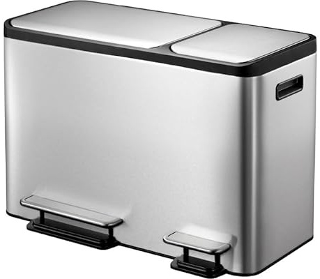 PROREGAL Rechteckiger Treteimer aus gebürstetem Edelstahl mit Soft-Close-Deckel & handlichen Kunststoffgriffen | 24+12 Lit. HxBxT 39x61x32cm | Silber