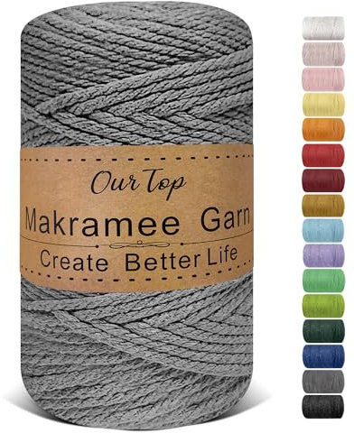 OurTop Premium Makramee Garn Grau, 5mm x 110m Macrame Cord Makramee Schnur Makramee Kordel, Garn für DIY Handwerk, Weben Dekoration, Hängepflanze Pflanze Aufhänger