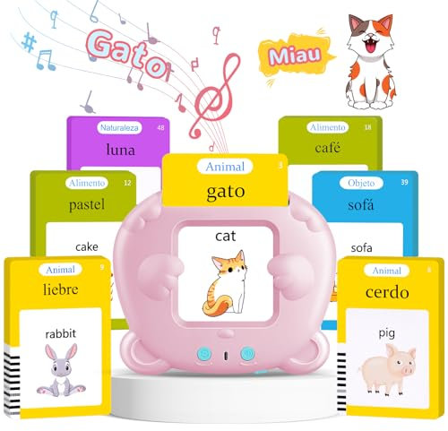 Zweisprachige Sprechende Lernkarteikarten (Englisch und Spanisch), Sprechende Flash-Karten für Kleinkinder 2-6 Jahre, 112 Blätter 224 Wörter, Hörbar Lernspielzeug, Interaktive Spielzeug für Kinder