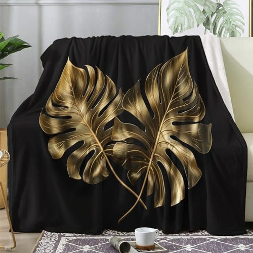 ZDABAOEC Kuscheldecke Flauschig Schwarz Gold Monstera Blätter Decke, Fleecedecke 150x200, Sofadecke & Couchdecke, Weiche Kuschelige Wohndecke Blanket, XL Decken für Sofa Couch