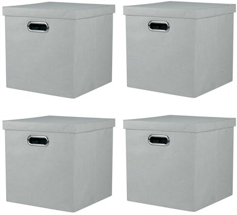 ArcaGuru Storage Bins with Lids, Collapsible Linen Fabric Boxes Organizer Containers with Lid Foldable Storage Box Basket for Closet, Shelves, Home, Office, 30.5 x 30.5 x 30.5 CM, 4 Pack, Gray