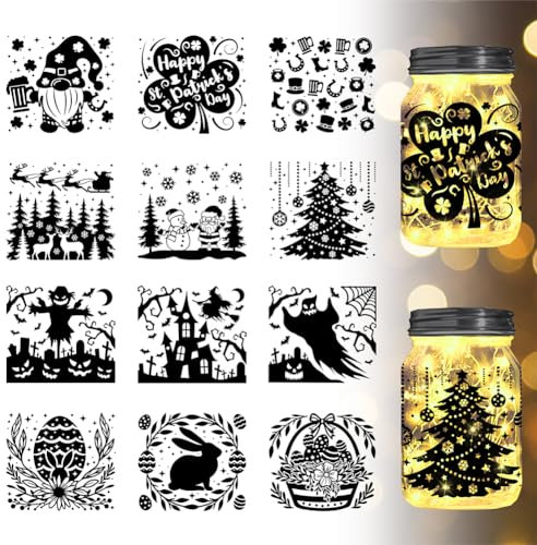 GLOBLELAND 12Pcs Popular Festivals Silhouette Jar Cutouts Lantern Jar Popular Festivals (Not Stickers) Jar Decor Lantern Laser Silhouette Jar Cutouts Glass Cutouts Decorations Art Mural Home Decor