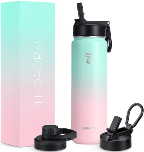 HydroPal Edelstahl Trinkflasche - 750ml, 1L, 1,2L, BPA-Frei, Kohlensäure geeignet, Isolierte flasche mit Strohhalm & 2 Deckel, Auslaufsichere Isolierflasche für Sport (Grünlich-rosa, 750 ml)
