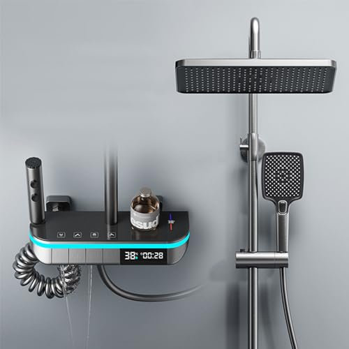 BEITH Colonna Doccia con Miscelatore Termostatico, Moderno Sistema Doccia Completo con Luce Ambientale, 30x20cm Pioggia Soffione Doccia, Display Digitale, Tasti del Piano, Regolabile Altezza, Stile E