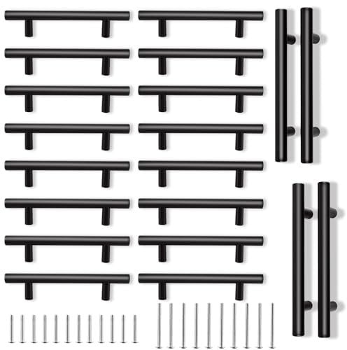 cyeer 20 Pack Black Kitchen Handles 96mm Hole Center, Matt Black Drawer Cupboard Door Handles, Stainless Steel T Bar Wardrobe Cabinet Pull Handle for Kitchen Bathroom Drawer, Overall Length:150mm