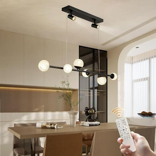 Oninio Lustre Moderne à Suspension avec Télécommande LED Lustre Dimmable avec 6 Ampoules Boule Élégante Suspension pour Cuisine, Salle à Manger, Salon,Chambre Nior