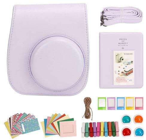 VBESTLIFE Paquete de Cámara para Fujifilm Instax Mini 12, con 10 Marcos de Cartulina, 20 Pegatinas, Estuche de Transporte, 4 Filtros, 1 álbum, 5 Marcos de Plástico, 10 Clips (Purple)