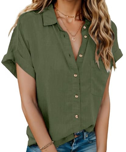 HOTOUCH Womens Blouse Cotton Shirts Casual Short Sleeve Blouses V Neck Button Down Shirts Ladies Business Shirt Office Work Tops Green XXL