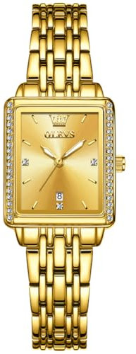 OLEVS Damenuhren, kleines Zifferblatt, quadratische Uhren für Frauen, luxuriöse goldfarbene Damen-Armbanduhr, elegante Diamant-Edelstahl-Damen-Kleideruhr, A5-goldenes Zifferblatt/goldfarbenes Band
