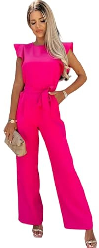 Juketron Damen Vintage-Casual-Elegant Sommer-Overall mit kurzen Ärmeln und weitem Bein, Rose Red, L
