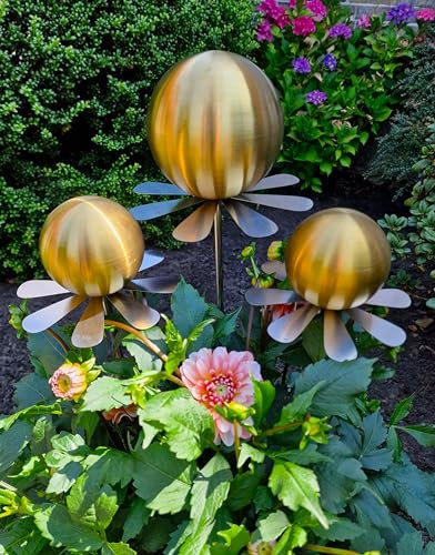 Jürgen Bocker Garten-Ambiente Blütenzauber Rotterdam 3er Set Rosenkugel 15/10/10 cm Edelstahl Gartenstecker Deko mit Stab 80 cm (Gold matt)
