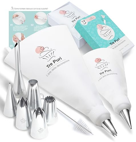 TRE PURI® 2 Sac a Poche Professionali in Cotone Facili da Usare e Pulire - Il Miglior Set in Italia Adatto per Tutti con Istruzioni in ITALIANO e i 6 Beccucci Grandi Più Usati in Acciaio Inox 18/10