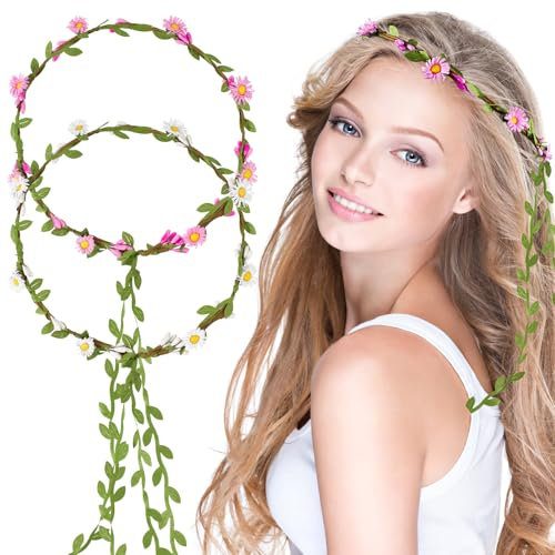 BOOMTOP 2Pcs Blumenkranz Haare Gänseblümchen Haarreif Blumen Blumenkrone Damen Mädchen Sonnenblumen Haarschmuck Haarband Stirnbänder mit Blättern für Hochzeit Sommer Party Weiß Rosa