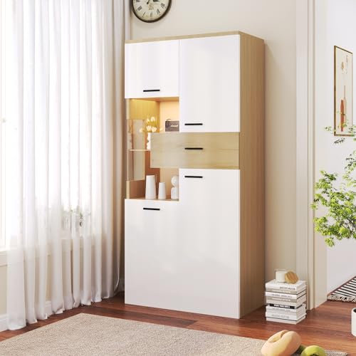 soges Modern Vitrine Bücherregal Glasvitrine Mehrzweckregale, Bücherschrank Aktenregal mit LED Beleuchtung und Glastür für Büro und Wohnzimmer 150 x 78 x 40 cm