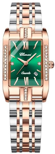 OIDEA Damen Uhren Rechteckig Armbanduhr: Grün Damenuhr Analog Quarz Uhr mit Römische Ziffern Zifferblatt Strass Kalender Beiläufige mit Metall Armband Geschenk für Frauen