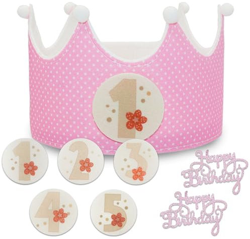 Grantop Kinder Partyhüte, Klett-Buttons mit Zahlen von 1-5, Party Deko für den Kindergeburtstag, Unisex Krone für Kinder Geburtstag Party Supplies (Rosa)