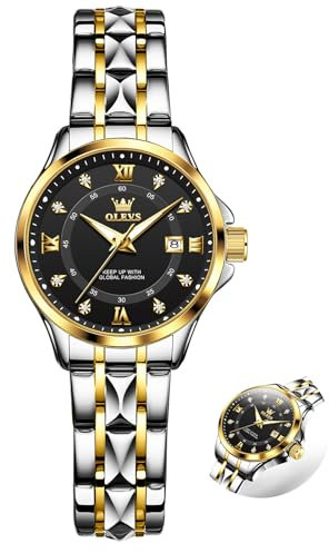 OLEVS Bicolor Uhr Damen Edelstahl Armband Elegante Wasserdicht Damen Armbanduhr Schwarz Zifferblatt Stylish Quarz Kleine Damenuhr mit Datum Silber Gold Analog Metall Frauen Uhr Leuchtend Geschenke