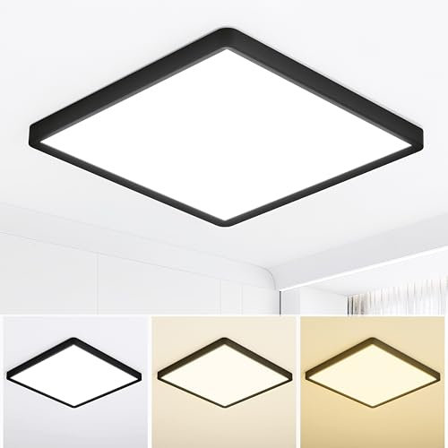 MOONSEA 40W LED Deckenleuchte Flach, Quadrat Deckenlampe 3 Farben 3000K/4000K/6000K, Ultra Dünn Deckenleuchte Eckig für Wohnzimmer Schlafzimmer Esszimmer Küche, Ø40cm, Schwarz