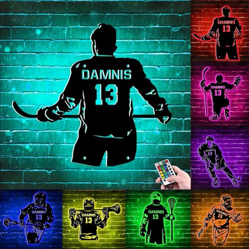 ALICESER Personalisiertes Eishockey-Spieler-Metall-Wandkunst, LED-Lichtschild, individueller Hockey-Name, Neonschild, Heimdekoration, Wandhintergrund, Hockeyspieler, Sportliebhaber-Dekoration