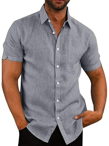 Rodawu Mens Linen Shirts Cotton Short Sleeved Shirts Regular Fit Casual Summer Shirts Lightweight Beach Shirt Grey Shirts 2XL