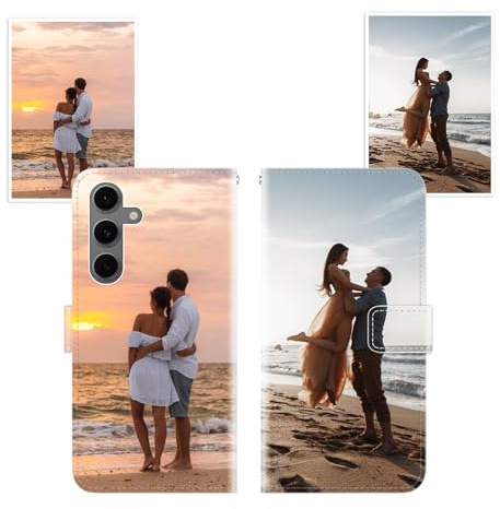 Sunrive Coque personnalisée Compatible avec Samsung Galaxy S24 FE, Personnalisable avec Votre Propre Image,Photo,Texte,DIY Leather Housse Étui PU Cuir + Tour de Cou Telephone Universelle