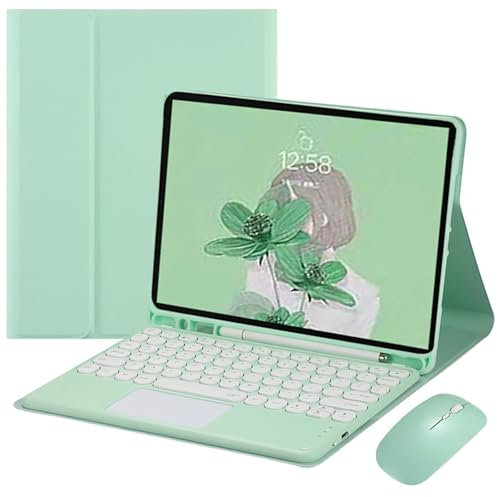 JZCZMCE Tastatur Hülle für Samsung Galaxy Tab S8 Plus/S7 FE/S7 Plus 12.4'', Magnetische Abnehmbare Kabellose Tastatur mit Bluetooth-Maus,Grün