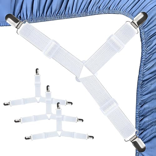 PUERFOCA 4 Stück Bettlakenspanner, Bettlaken Spanngurte, Dreieckige Verstellbare Bettlakenclips Spanner für Bettwäsche Matratze Bügelbrett Sofa