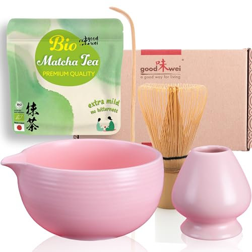 Goodwei Organic Matcha Tea from Japan | Complete Set with Matcha Whisk and Whisk Holder, Spoon, Large Matcha Bowl Chawan with Pouring Spout | Authentic Tea Ceremony Set (Camellia Pink)