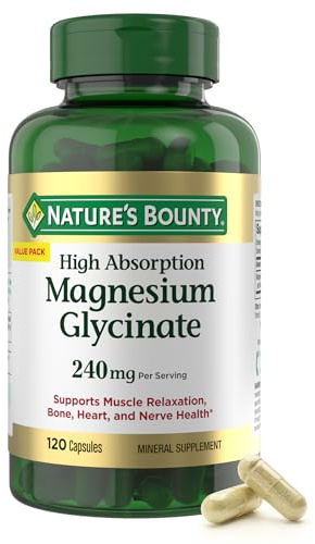 Nature’s Bounty High Absorption Magnesium Glycinate 240 mg for Supporting Muscle Relaxation and Bone, Heart & Nerve Health – Non-GMO, Gluten-Free, Vegetarian, 120 Count/60 Servings
