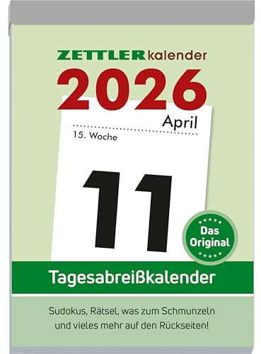 Zettler Tagesabreißkalender XXL 2026 – Abreißkalender 10 × 14 cm, 1 Tag pro Seite mit Sudoku, Rezepten, Rätseln & Tipps auf den Rückseiten, FSC-zertifiziert
