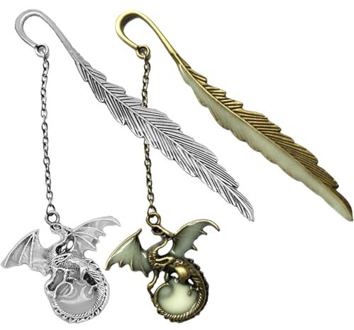 DKDDSSS 2 Stück Leuchtendes Lesezeichen, Leuchtende Feder Lesezeichen, 3D Lesezeichen, Lesezeichen 3D Fliegender Drache Anhänger, für Leser Bücherwürmer Liebhaber Basteln