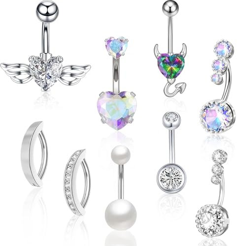 Lot de 9 piercings de nombril en acier chirurgical, piercing de nombril argenté, piercing de nombril, personnalité, piercing intime, femme, piercing banane, pour tous les jours, fêtes