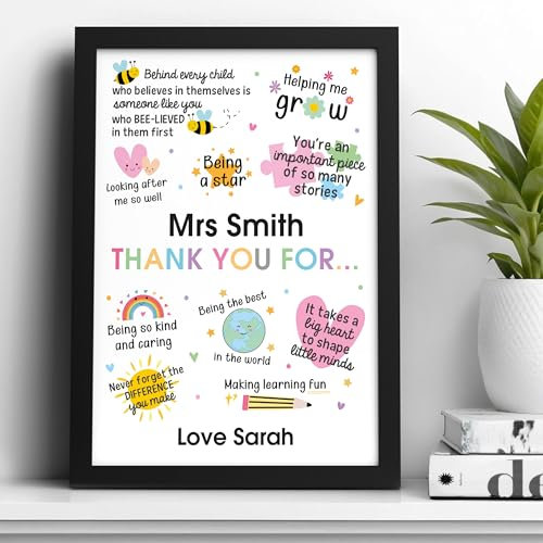 Beecreative Personalised Teacher Gifts For Women - Custom A5 A4 Print And Wooden Frame - Thank You Nursery Teacher Presents