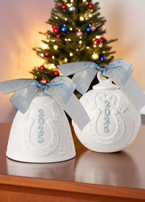 Lladro Christmas Bell and Ball 2025, White Porcelain Holiday Ornaments, Set of 2