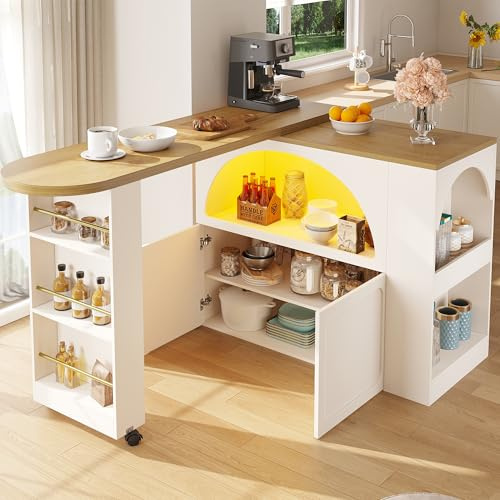 Bladez Ausziehbarer Bartisch mit Stauraum, Moderner Beweglicher Bar Table mit Rollen, Teleskopischer Bartisch mit LED Hochtisch Kücheninsel, Drehbares Sideboard Essbar(C-Weiß LED)