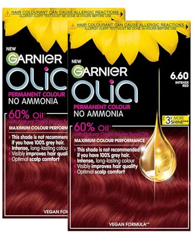 Garnier DOUBLE Garnier Olia Permanent Hair Dye, No Ammonia, Full Grey Coverage, Long-Lasting Colour & Shine, Vegan Formula, Colour: 6.60 Intense Red, 230G