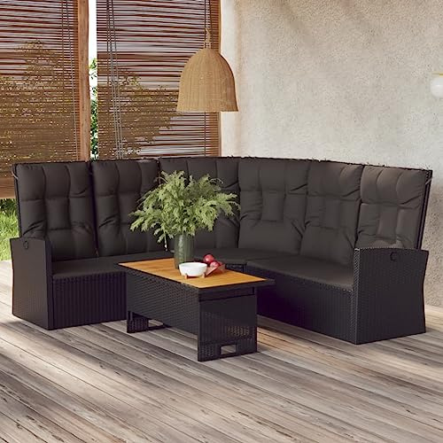JHQHSM 2-TLG. Garten-Lounge-Set mit Kissen Schwarz Poly Rattan, Höhenverstellbarer Tisch und Verstellbare Rückenlehne, Wetterbeständige PE-Rattan Möbel mit Massivem Akazienholz