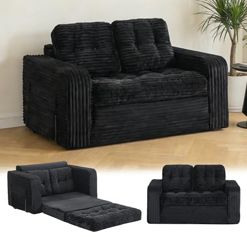 Faltbares Schlafsofa, Tragbarer Stuhl-Bett-Komfortable Bodensofa, Umwandelbarer Schlafsessel mit Kissen, Cord-Stoffbezug Sessel Schlafcouch, für Wohnzimmer und Schlafzimmer (2 Sitzer Sofa, Schwarz )