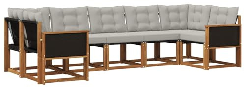 vidaXL Outdoor-Sofagarnitur mit Kissen 7 pcs Natur und Hellgrau, Moderne Gartenlounge, robuster Sofa, eleganter Patio, stylische Möbel für gemütliches Sitzen im Freien