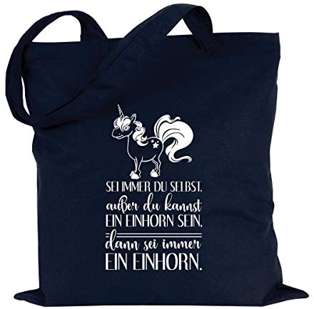 JUNIWORDS Jutebeutel, Wähle ein Motiv & Farbe, Sei immer du selbst, außer du kannst ein Einhorn sein, dann sei immer ein Einhorn (Beutel: Marine Blau, Text: Weiß)