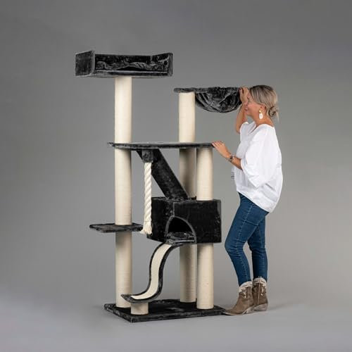 RHRQuality Cat Tree for Large Cats - Kilimanjaro Deluxe – 195 cm High – With 12 cm Sisal Posts & Luxury Lying Area – Dark Gray