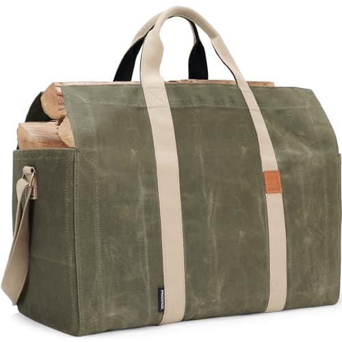 INNO STAGE Free Standing Firewood Log Carrier Tote Bag with Double Straps for Camping or BBQ Barbecue - Green
