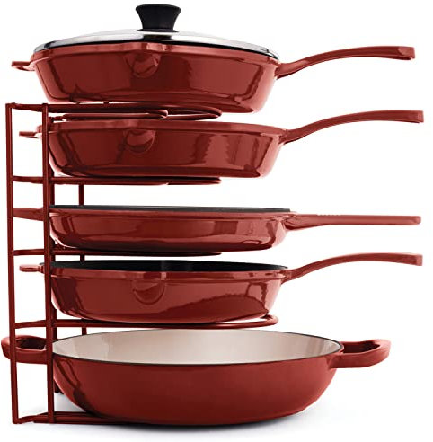 cuisinel Organizador de sartenes para sartenes, planchas y ollas de Hierro Fundido - Rejilla para sartenes de Alta Resistencia - Capacidad de hasta 50 LB- Uso Horizontal o Vertical Rojo 12,2 Pulgadas