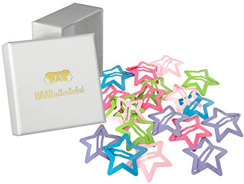 Haarallerliebst Haarspangen klein für Kinder – 20 Stück Stern förmig in bunt (3 cm) inkl. Aufbewahrungsbox weiss – Ideal für dünnes, feines Haar