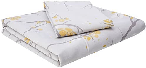 Dreamscene Spring Blossom Duvet Cover with Pillowcase Reversible Floral Bedding Set, Ochre Yellow Mustard Grey - Single