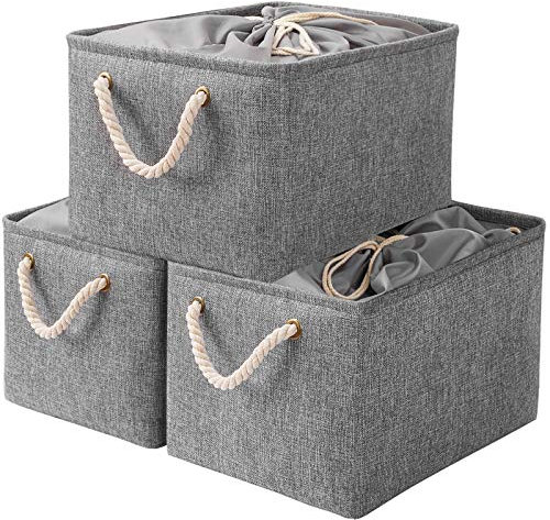 Yawinhe 3 Stück Aufbewahrungsboxen, Faltboxen Aufbewahrungskorb, mit Kordelzug-Abdeckung und 2 Griffen, Körbe Aufbewahrung, für Schrank und Regal, 38x28x26cm, Grau, SNK003GL